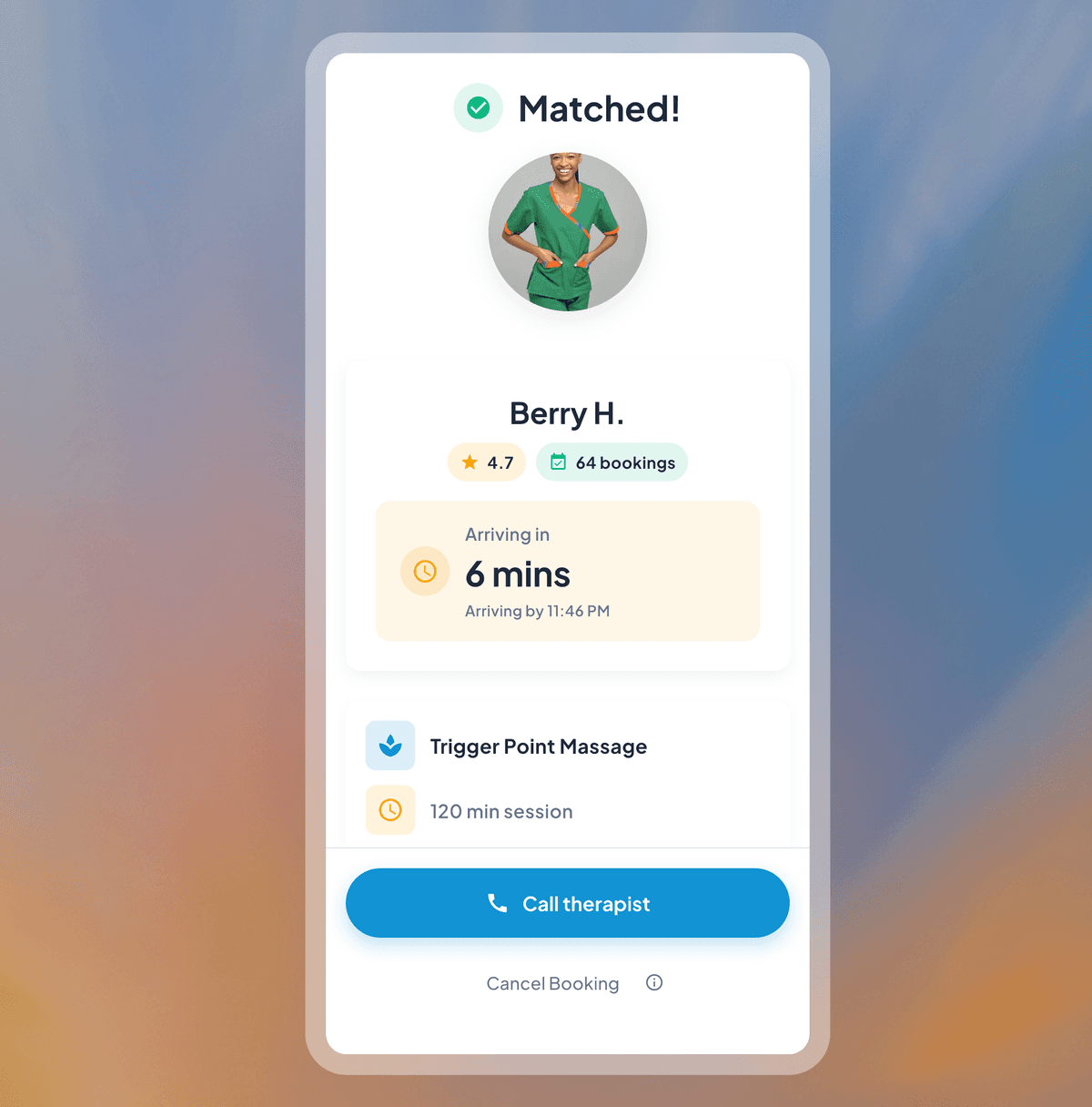 Active booking screen showing therapist tracking