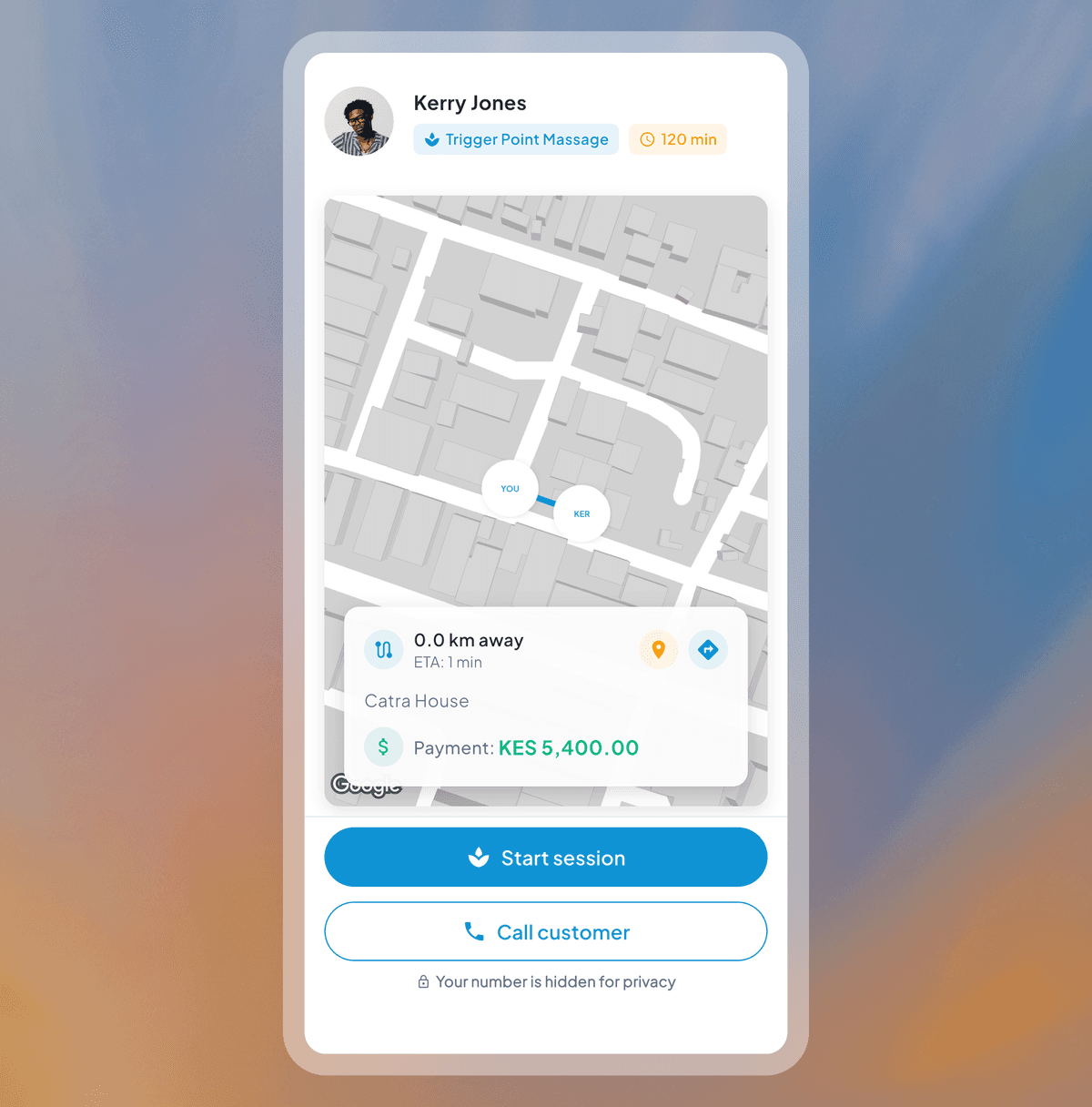Therapist active job screen showing customer booking details