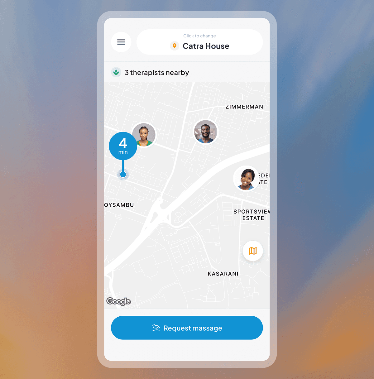 Customer booking screen showing massage booking options